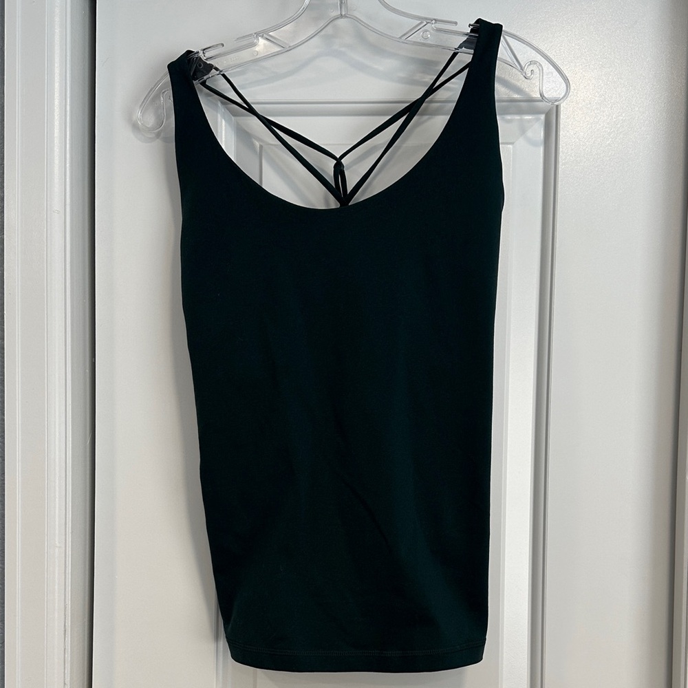 Prana forest green yoga top with cross strap back detail